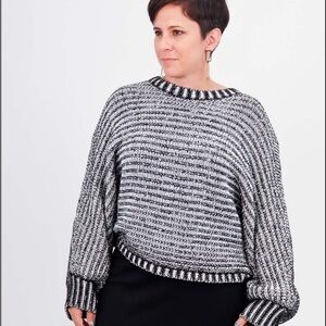 Planet By Lauren G. Cotton Kabuki Crewneck Knit Sweater black White One Size‎